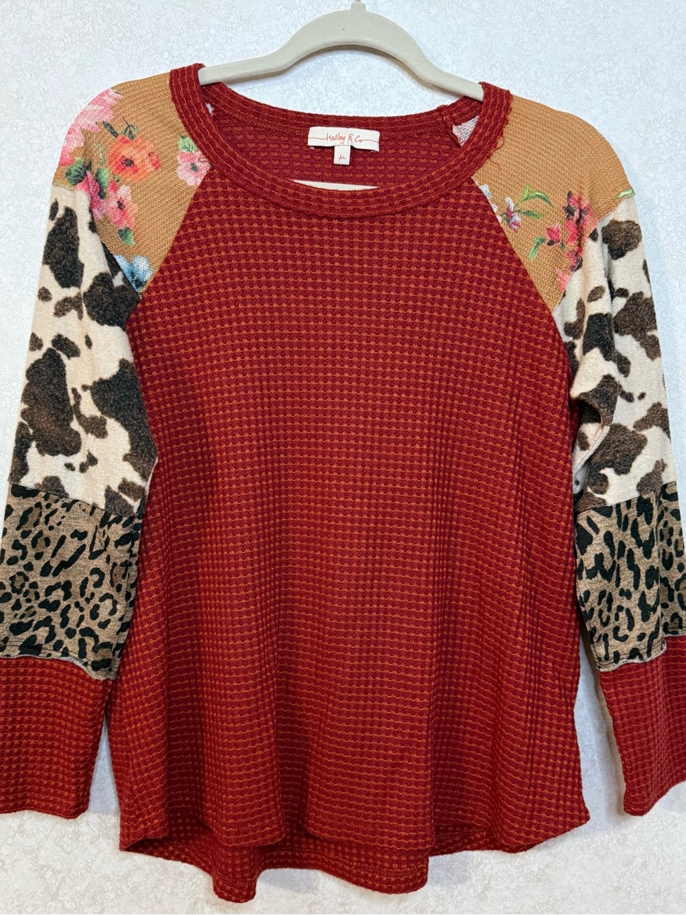 Women's Rust Waffle Knit with Mixed Print Sleeves
